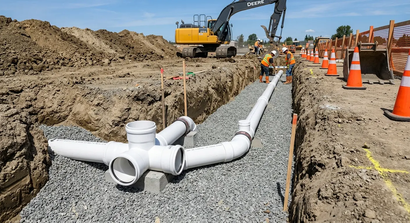 New PVC sewer pipe installation in open trench for Commercial Drain Cleaning in Castle Shannon