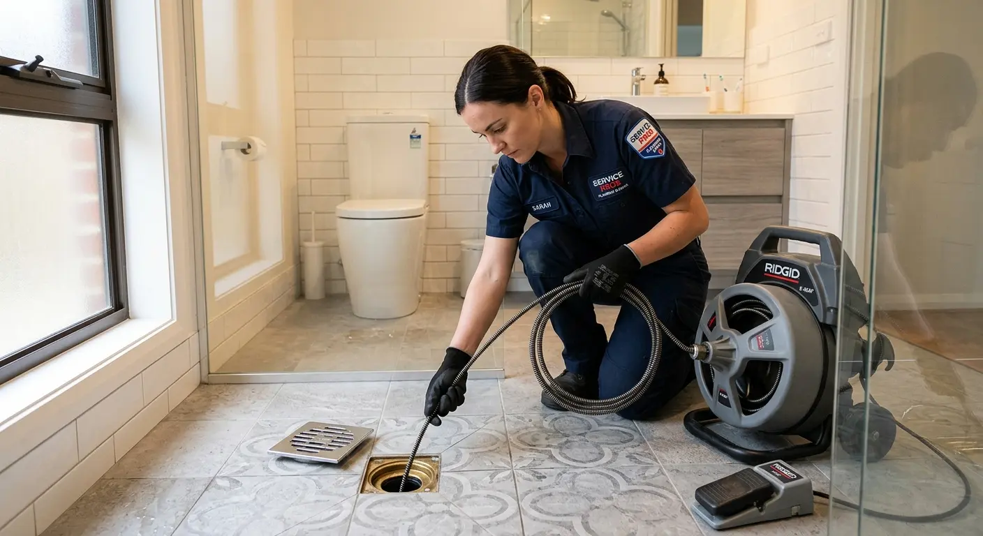 Technician clearing a bathroom floor drain for Drain Cleaning in Castle Shannon